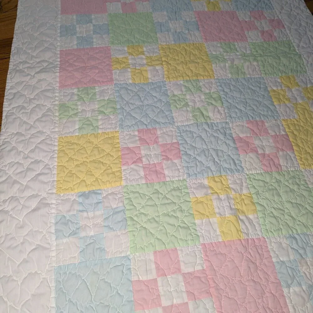 Vintage Hand Stitched Baby Crib Quilt Color Block Bears Gender Neutral 37x61
